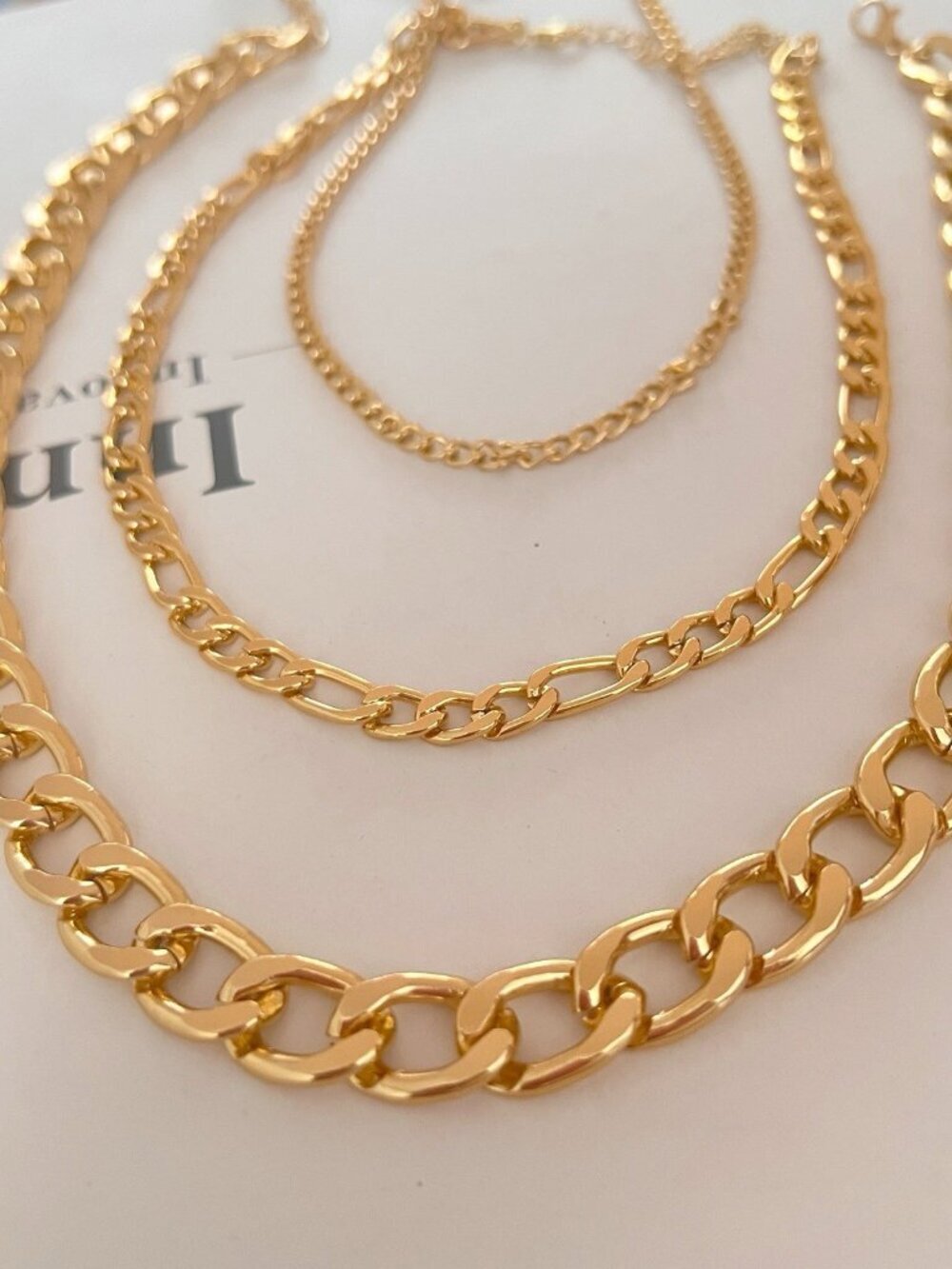 Gold Layered Chunky Chain Necklace Set Lightweight Curb Figaro Link Trendy Bold - Picture 5 of 9